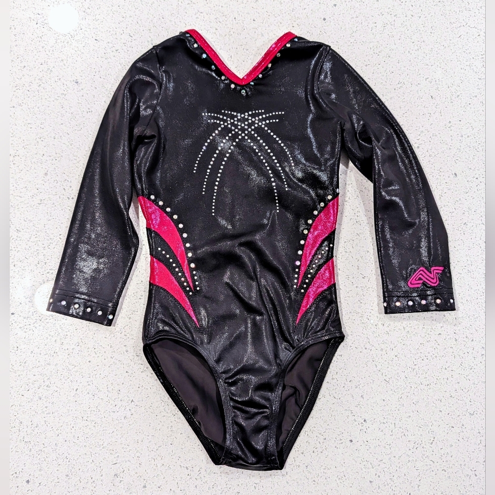 COMPETITION Alpha Child Medium Gymnastics Dance Leotard Long Sleeve RHINESTONES